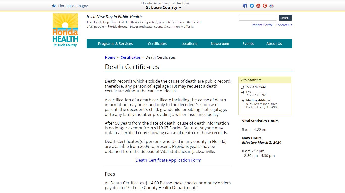 Death Certificates | Florida Department of Health in St Lucie