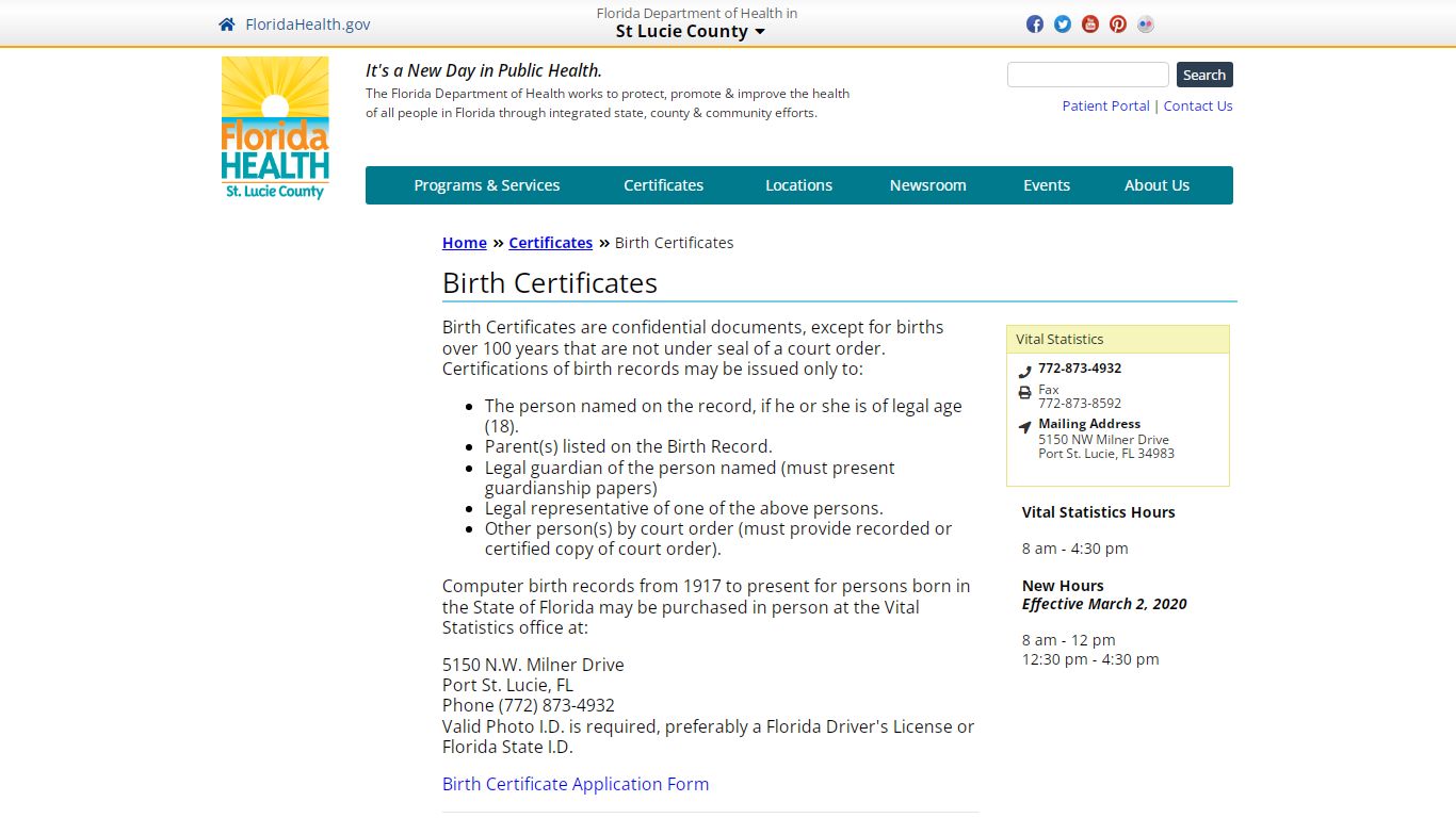 Birth Certificates | Florida Department of Health in St Lucie